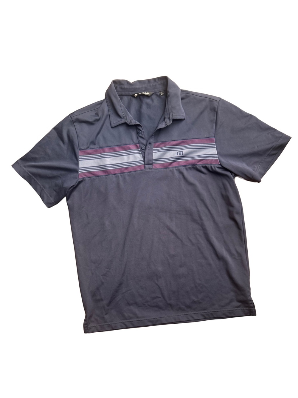 Travis Mathew Navy Polo with Burgundy and Light Gray Stripes